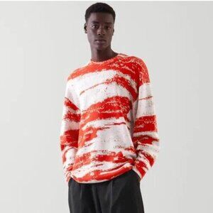 COS Men's Vibrant Orange & White Abstract Graphic Crewneck Sweater (Size L)